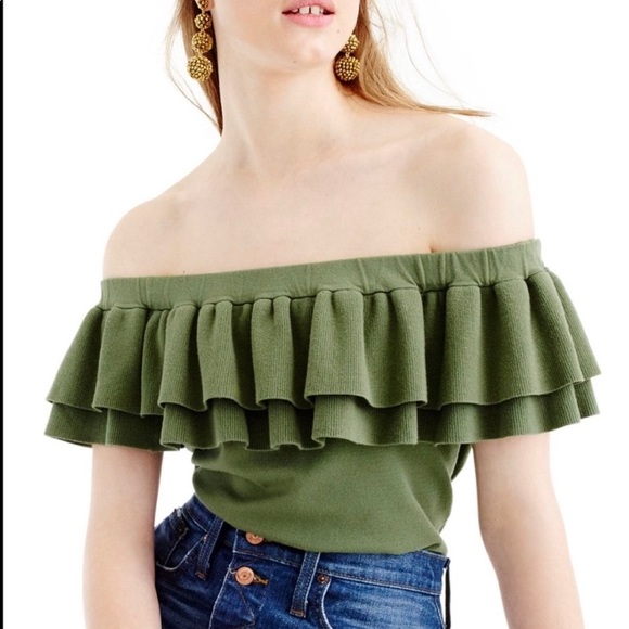 J. crew off shoulder green sweater top - Picture 1 of 5